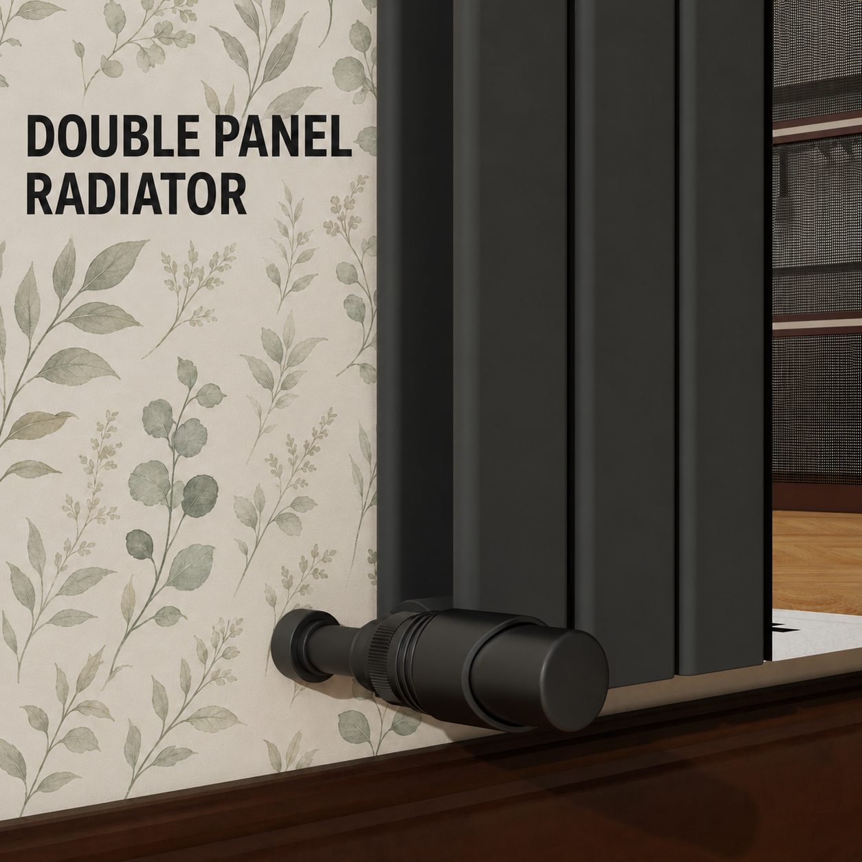 Thermwell matt black double panel vertical radiator construction with matching black valve