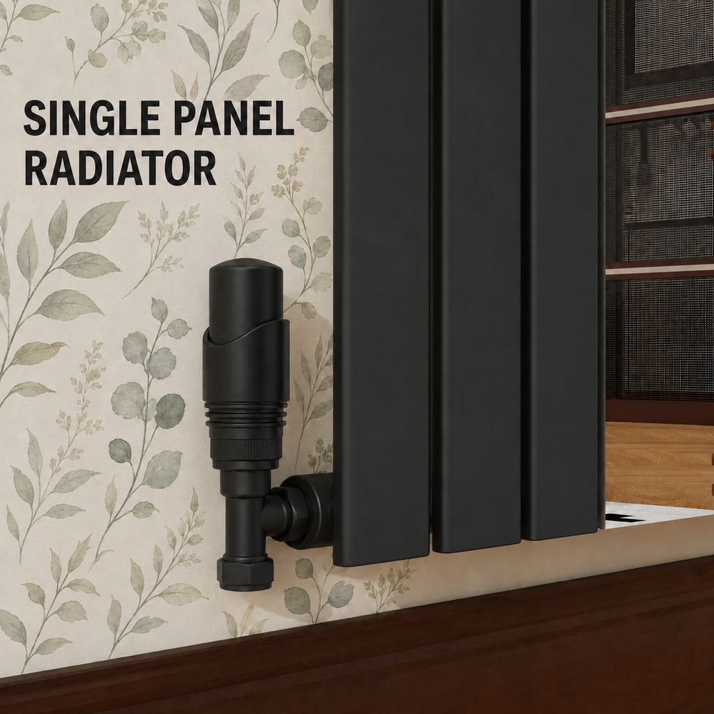 Thermwell matt black single panel vertical radiator construction with matching black valve