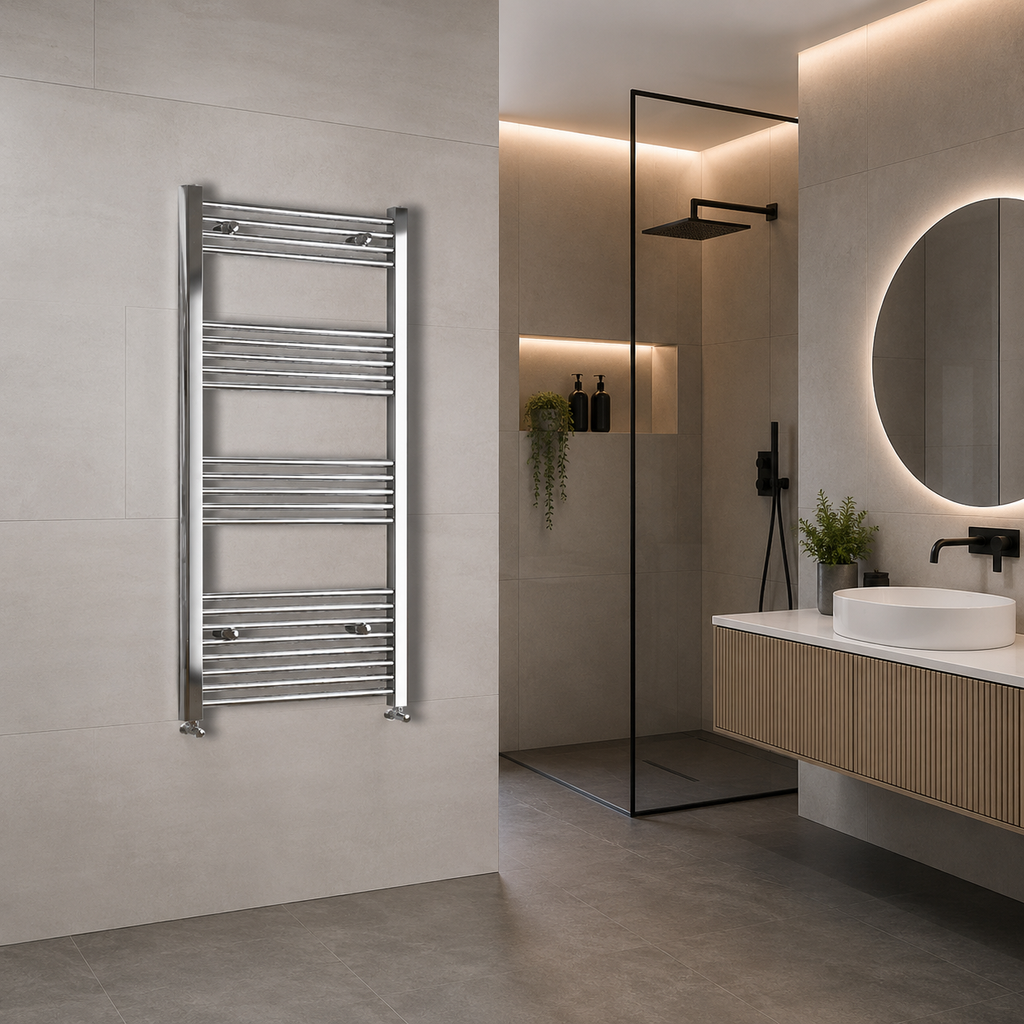 Thermwell Chrome Ladder Towel Rail 500mm Wide chrome finish in contemporary bathroom