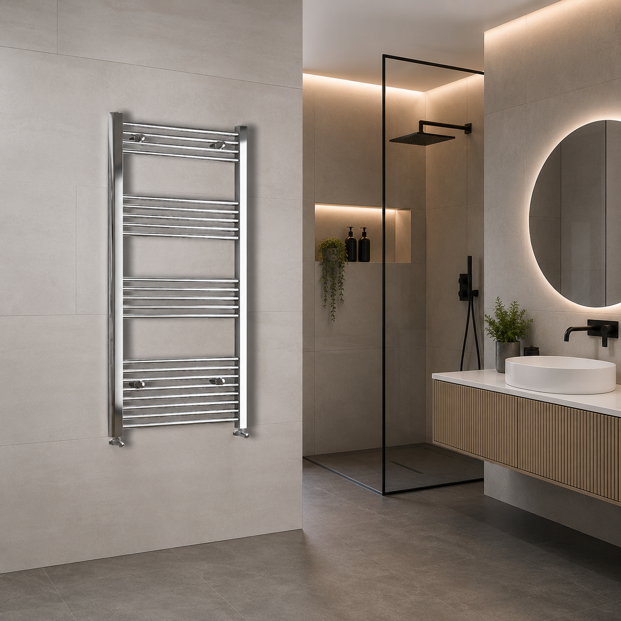 Thermwell Chrome Ladder Towel Rail 500mm Wide chrome finish in contemporary bathroom