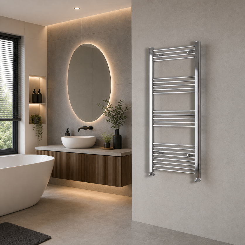Thermwell Chrome Ladder Towel Rail 500mm Wide mounted on bathroom wall