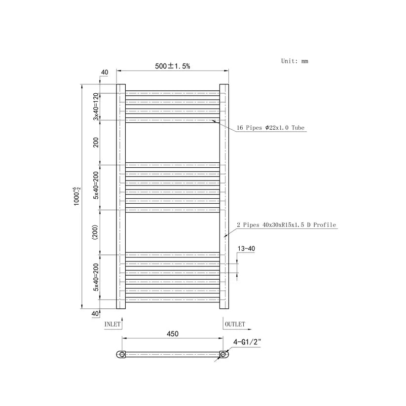 Thermwell Chrome Ladder Towel Rail 500mm Wide 1000mm height dimensions