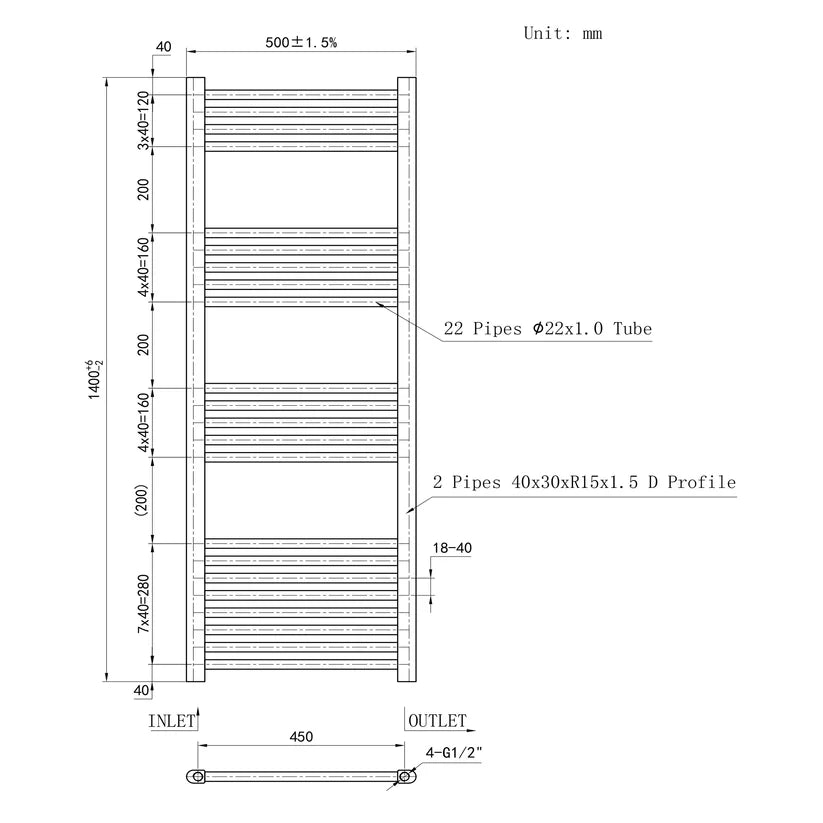 Thermwell Chrome Ladder Towel Rail 500mm Wide 1400mm height dimensions