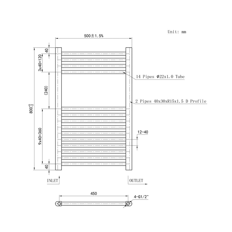 thermwell-chrome-ladder-towel-rail-500mm-wide-technical-drawing-700mm