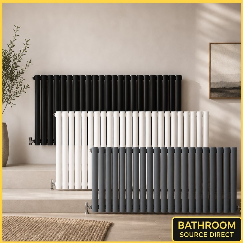 Thermwell 600x1416 horizontal column radiator in white anthracite and black finishes in a modern interior setting