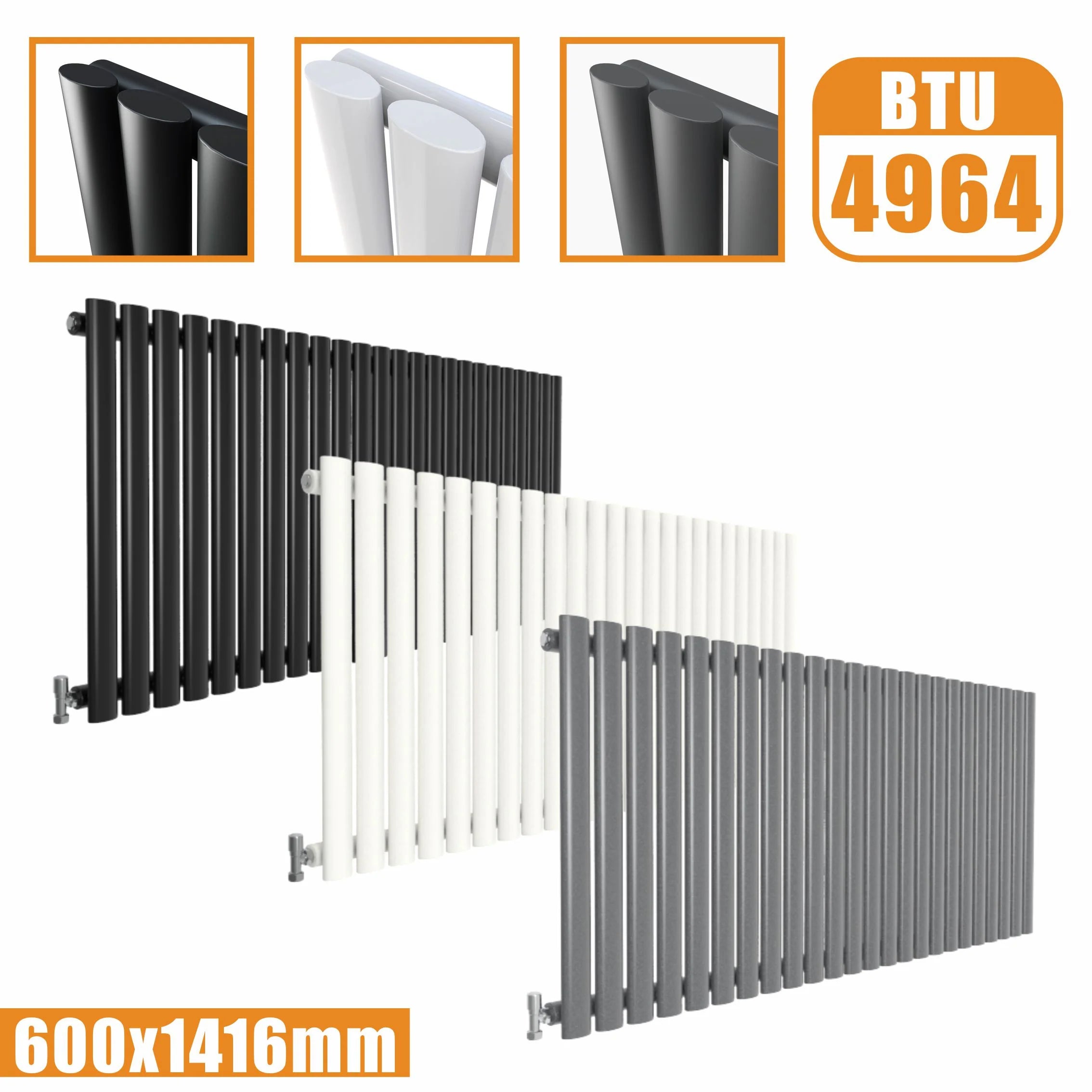 Horizontal column radiator 600x1416 available in white anthracite and black with BTU output details