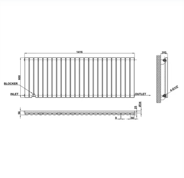 Technical drawing dimensions for Thermwell 600x1416 horizontal column radiator