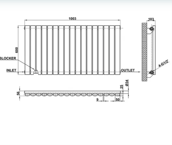 Technical drawing of a radiator with dimensions and labels on a white background
