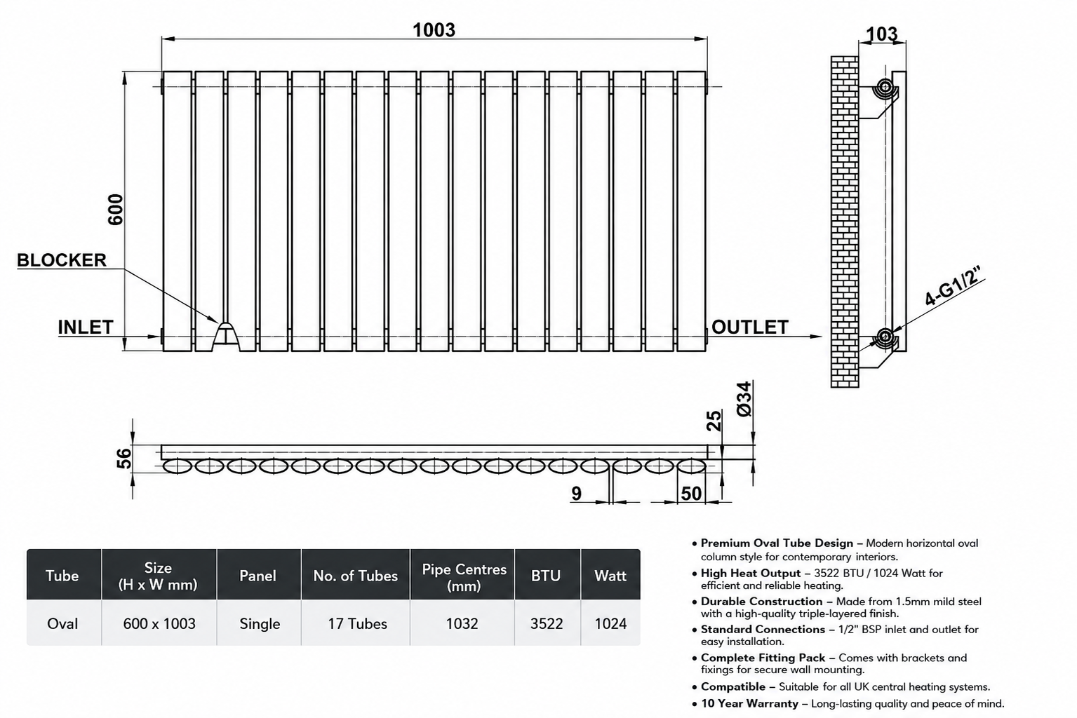 Technical diagram of a radiator with dimensions and specifications.