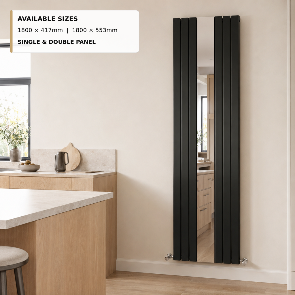 Thermwell mirrored vertical radiator available in 1800 x 417mm & 1800 x 553mm sizes