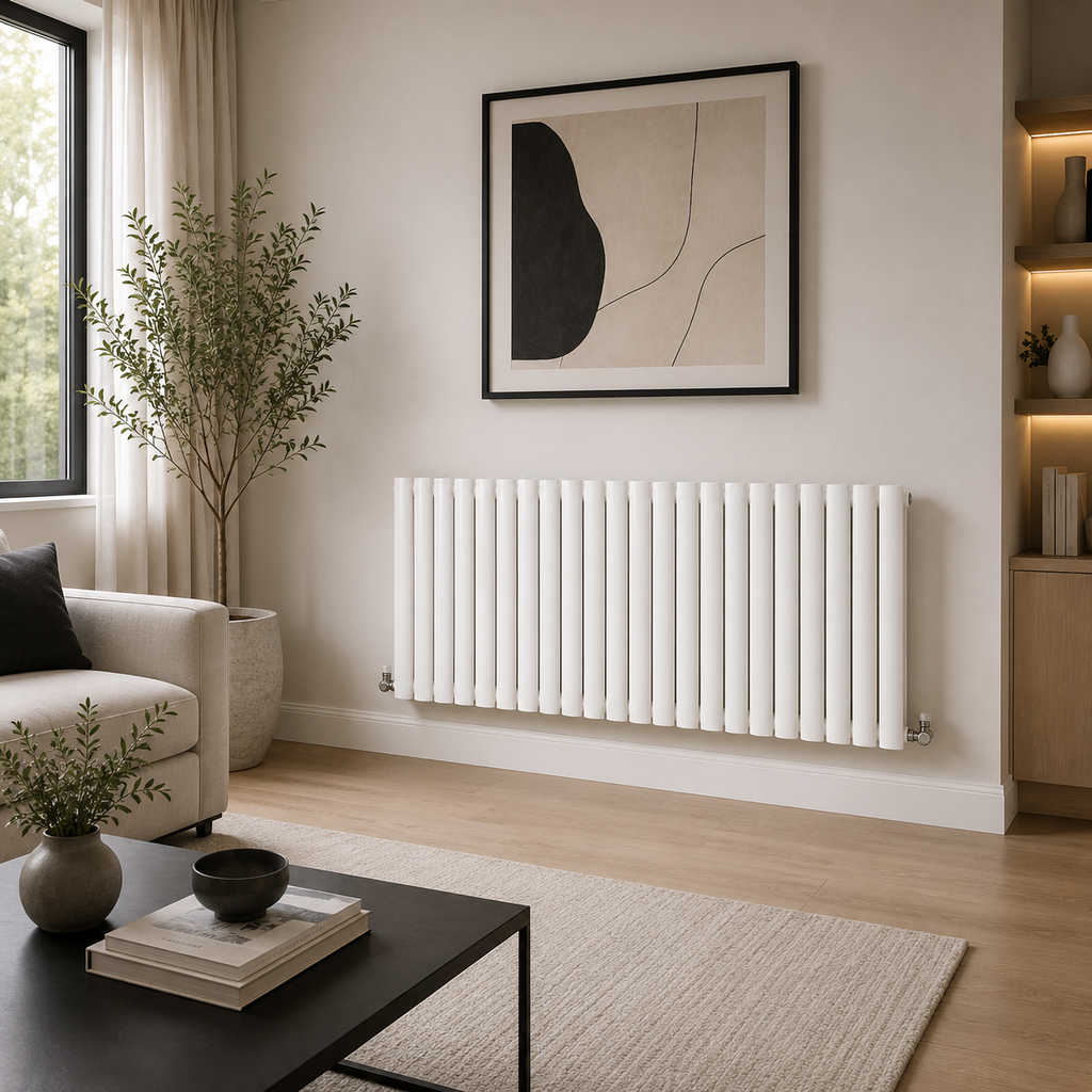 White Thermwell horizontal column radiator 600x1416 fitted in a warm modern bedroom