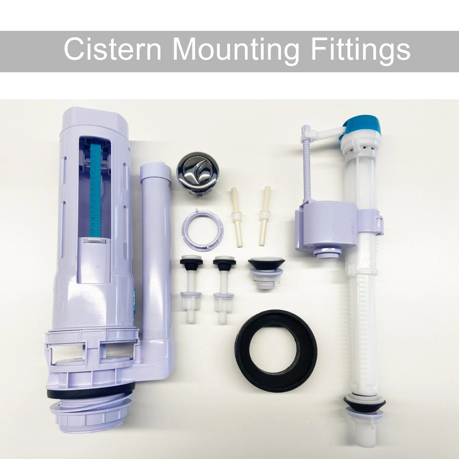 Close coupled toilet cistern fittings including flush valve fill valve and installation components