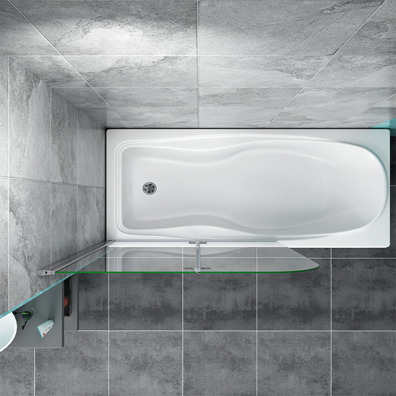 Overhead view of white bath with curved glass shower screen showing coverage area on grey tiled bathroom floor