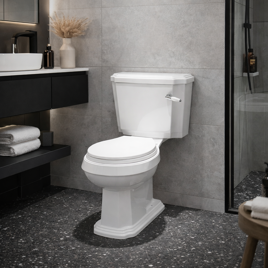Traditional close coupled toilet with soft close seat in modern bathroom with grey tiles and black vanity