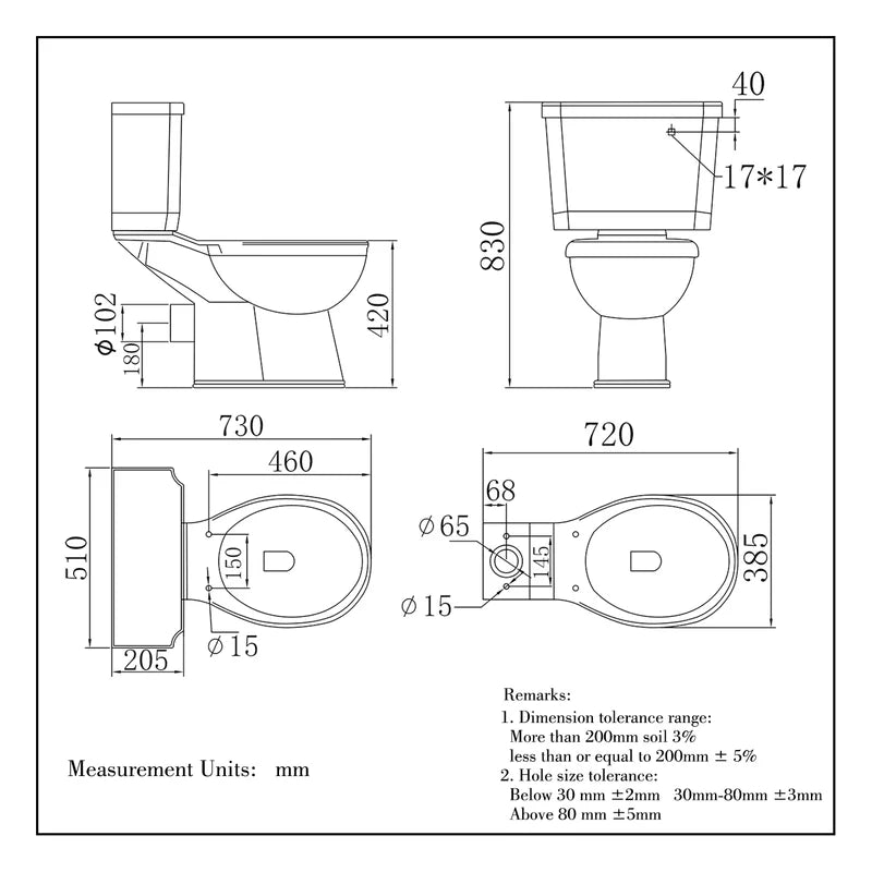 Technical drawing showing dimensions and specifications of traditional close coupled toilet