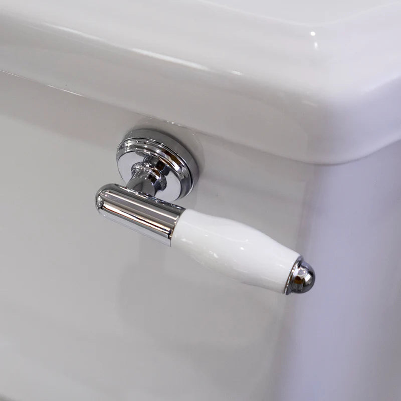Chrome lever flush handle detail on traditional Victorian toilet cistern