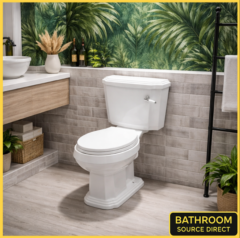 Traditional Victorian close coupled toilet with soft close seat in ensuite with green jungle wallpaper and tiled walls