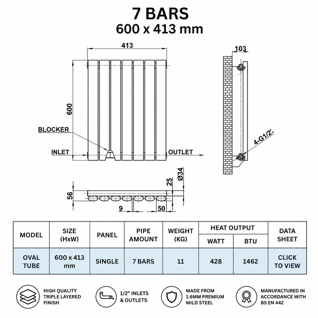 Technical specification image for 7 bar vertical oval column radiator 600 x 413mm with 1462 BTU heat output.