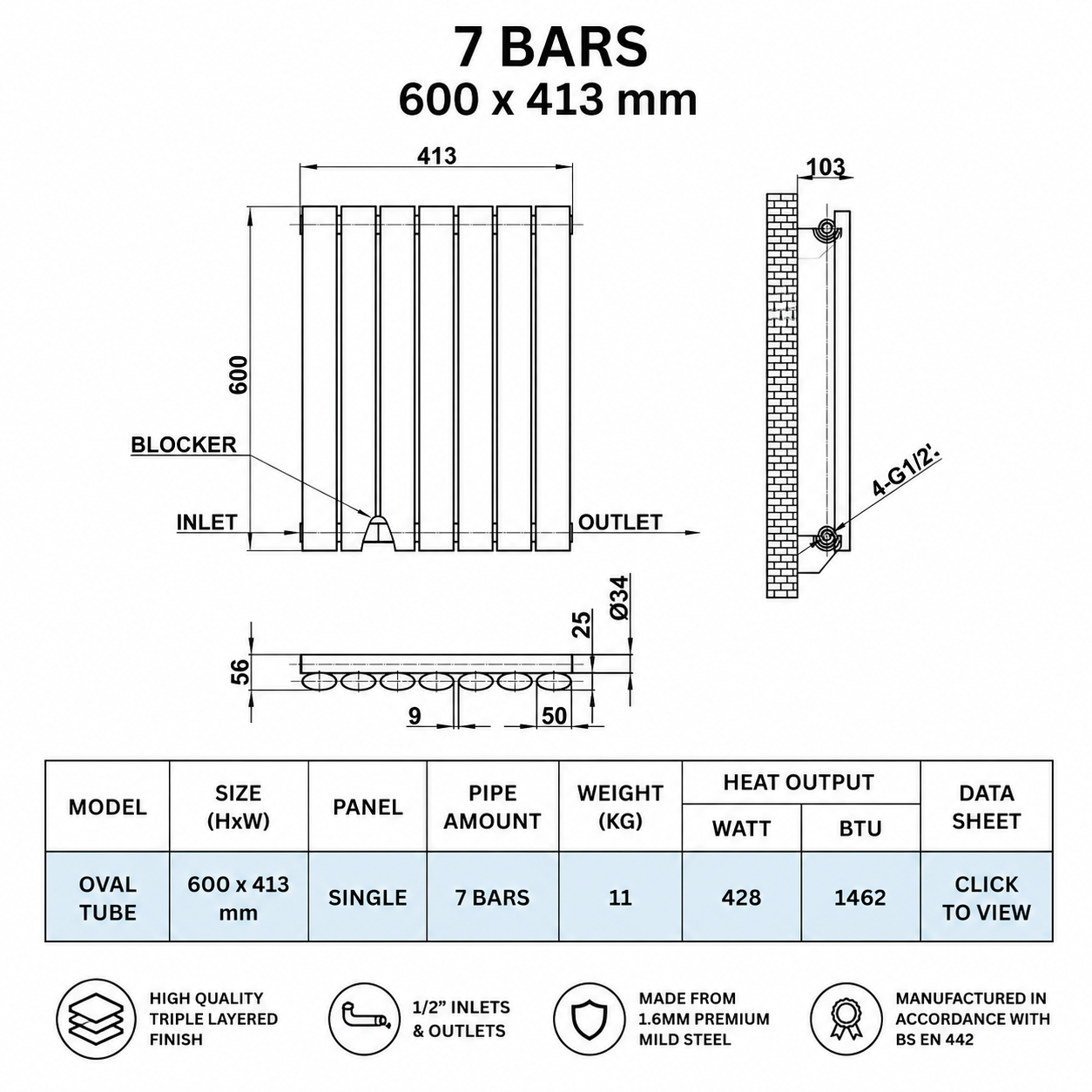 Technical specification image for 7 bar vertical oval column radiator 600 x 413mm with 1462 BTU heat output.