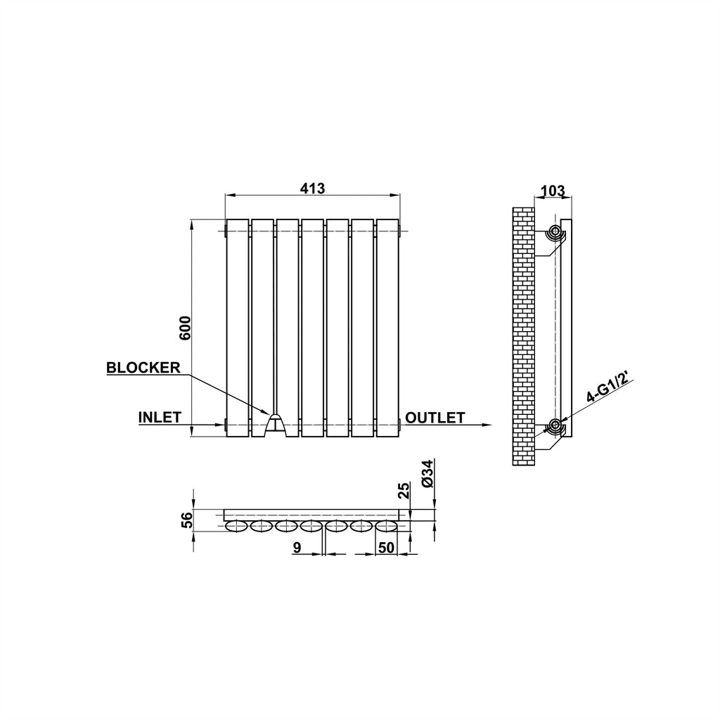 Technical drawing and dimensions for 600 x 413mm vertical oval column radiator single panel design