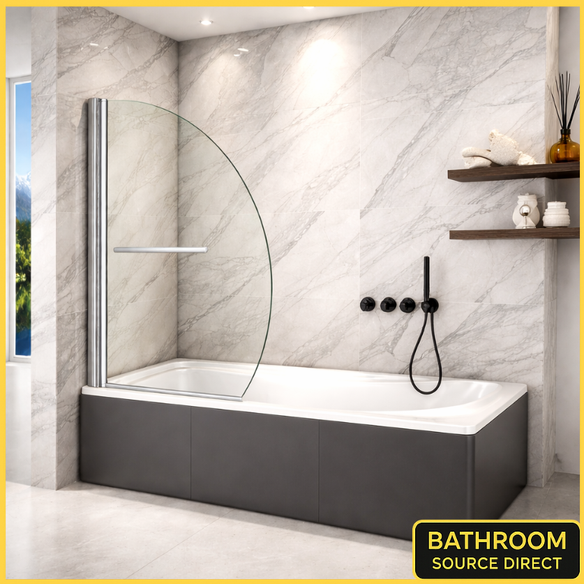 Vitrano 1000mm pivot bath screen 8mm easy clean glass chrome installed over bath