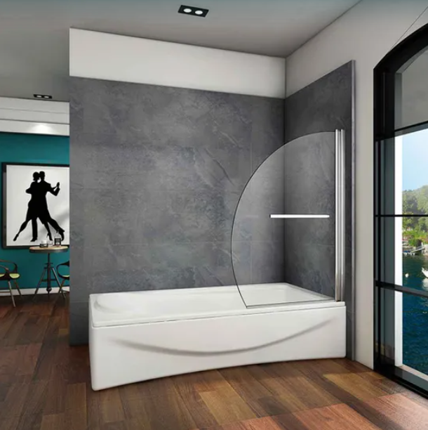Wide view of Vitrano pivot bath screen over bath chrome frame