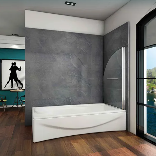 Chrome pivot bath screen 8mm glass over bath modern grey bathroom
