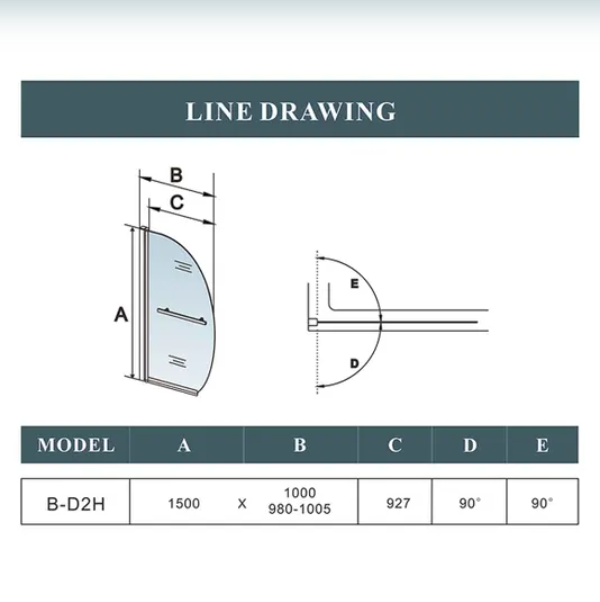 Technical drawing showing dimensions of 1000mm pivot bath screen