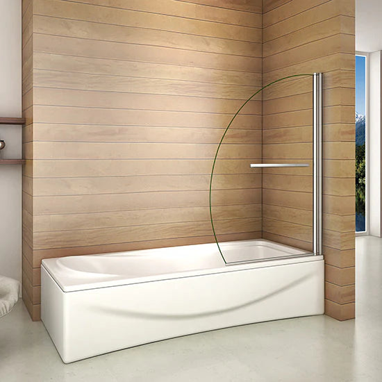 Vitrano pivot bath screen chrome 8mm glass modern bathroom wood panel setting