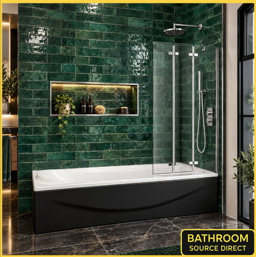 Vitrano 1000mm three fold bath screen in polished chrome installed on a white bath