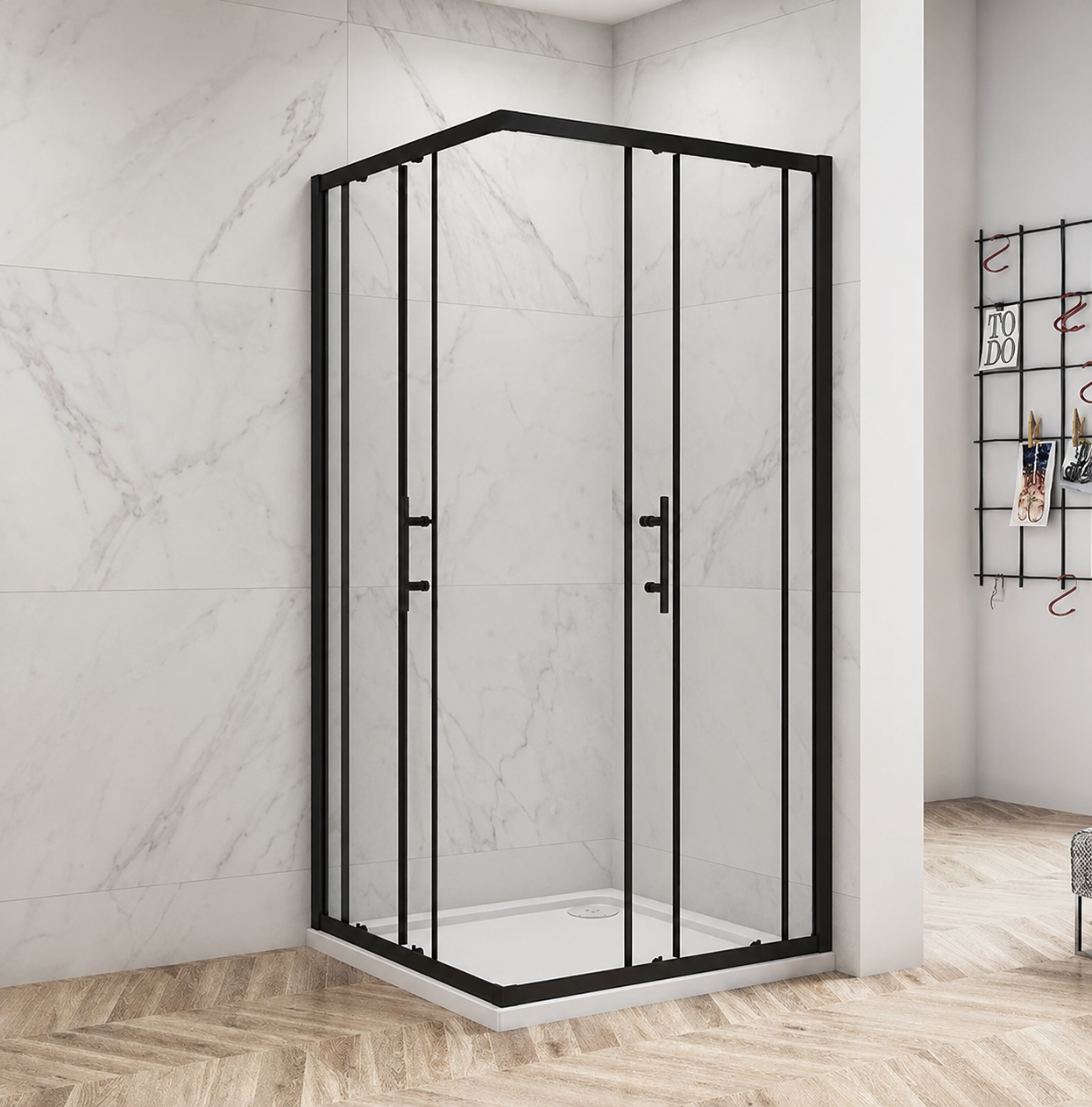 Angled view of the Vitrano 1000 x 1000mm matt black corner entry shower enclosure