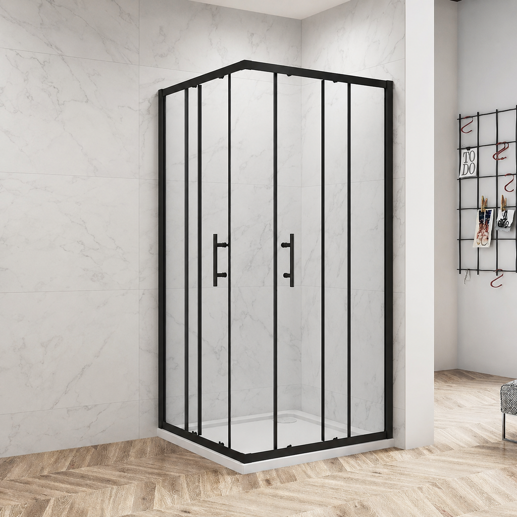 Front view of the Vitrano matt black corner entry enclosure with central pivot doors