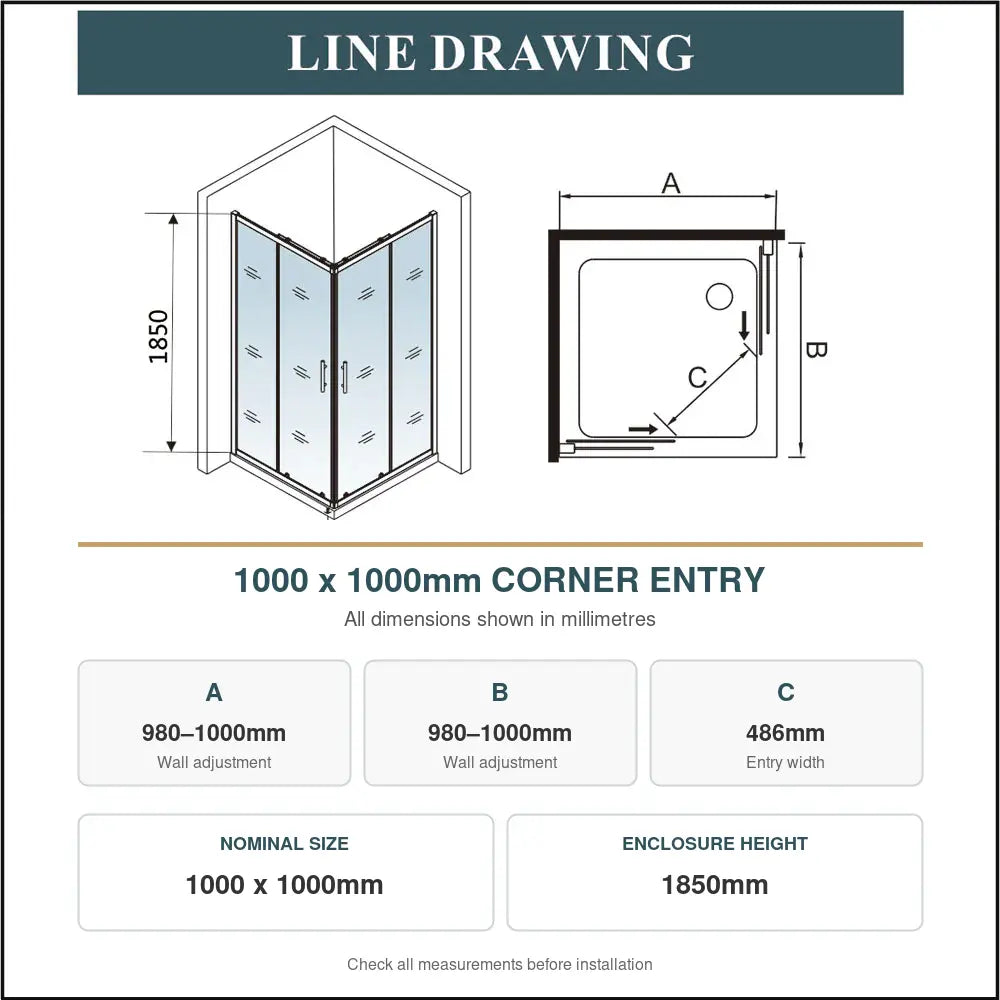 Vitrano 1000 x 1000mm corner entry shower enclosure technical line drawing with fitting dimensions