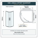 Vitrano 1000 x 800mm offset quadrant shower enclosure dimensions and adjustment ranges