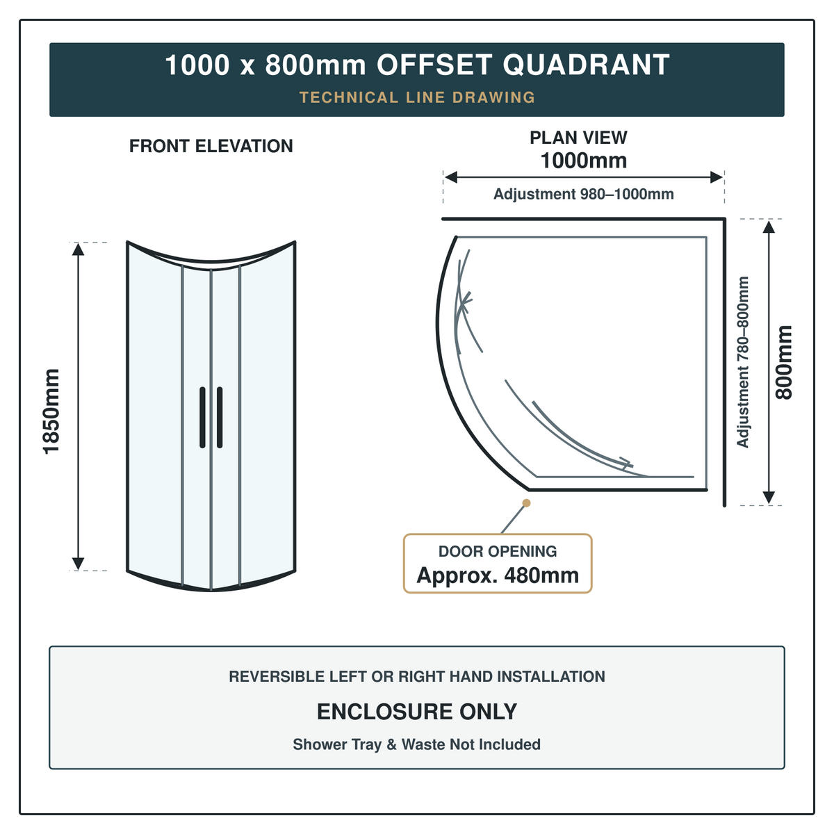 Vitrano 1000 x 800mm offset quadrant shower enclosure dimensions and adjustment ranges