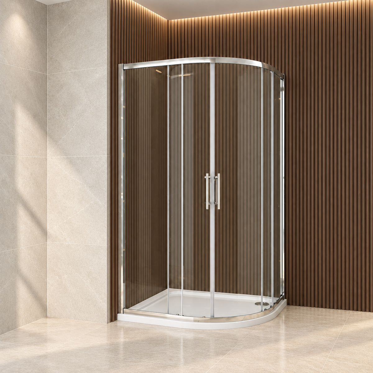 Front view of Vitrano 1000 x 800mm offset quadrant shower enclosure with chrome frame