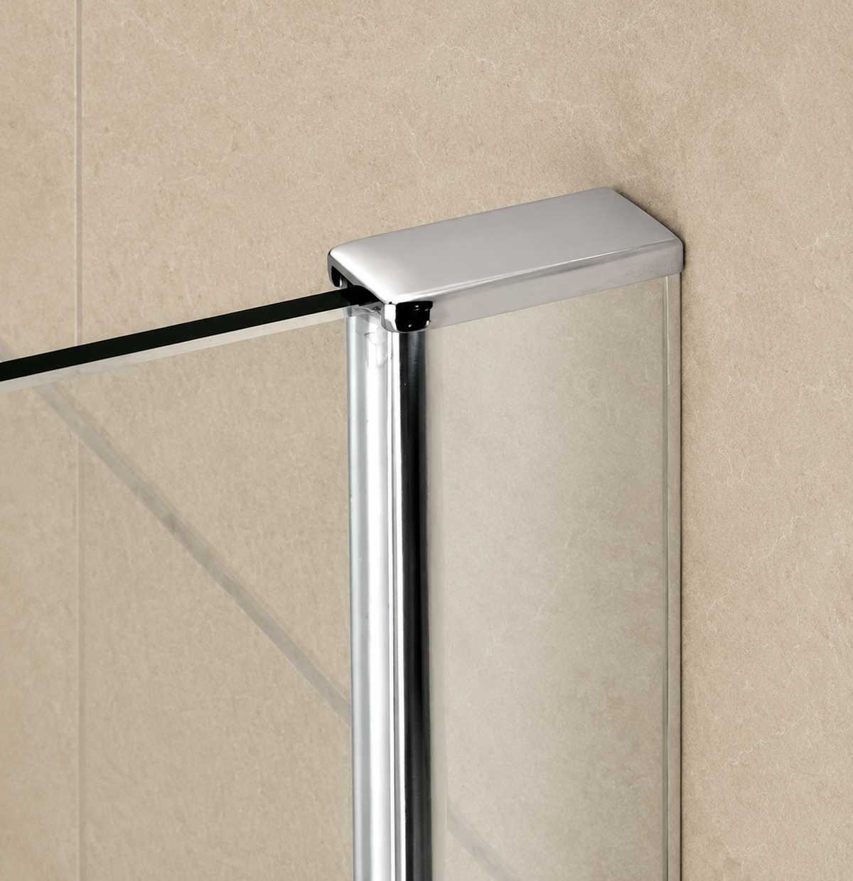 Close up of the polished chrome wall profile on the Vitrano 350mm fixed bath screen