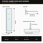 Vitrano fixed bath screen dimensions showing 1400mm height and 330 to 350mm adjustment