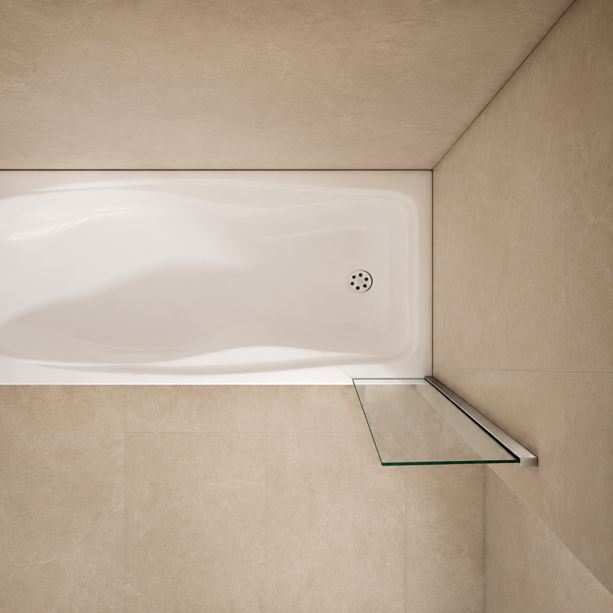 Overhead view of the Vitrano 350mm fixed bath screen installed on a white bath