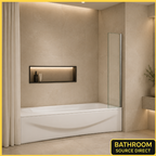 Vitrano 350mm mini fixed bath screen with polished chrome profile in a hotel style bathroom
