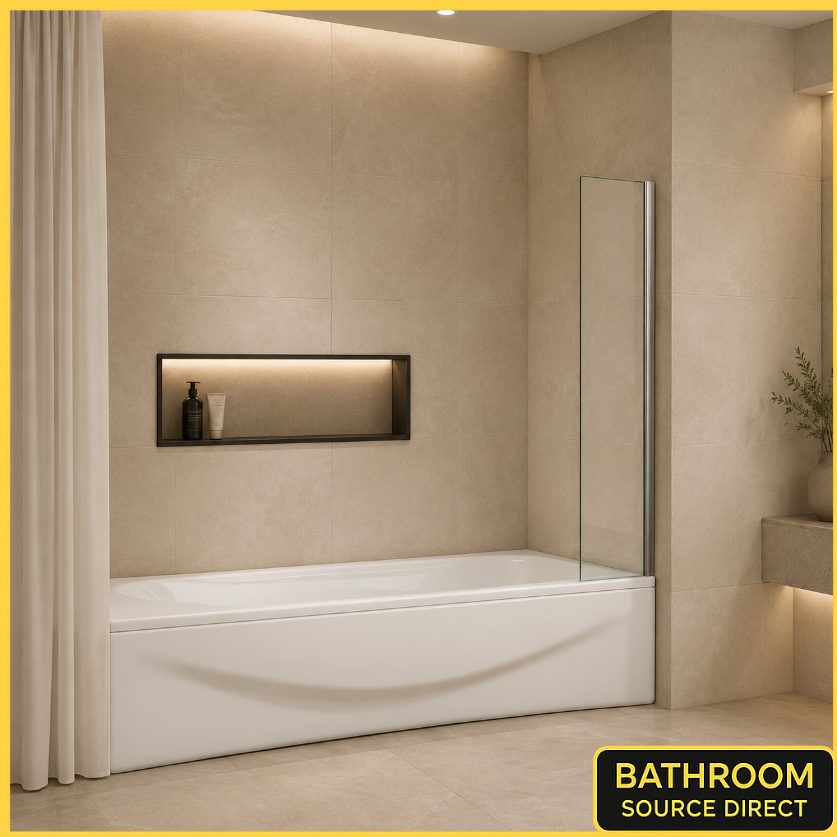 Vitrano 350mm mini fixed bath screen with polished chrome profile in a hotel style bathroom