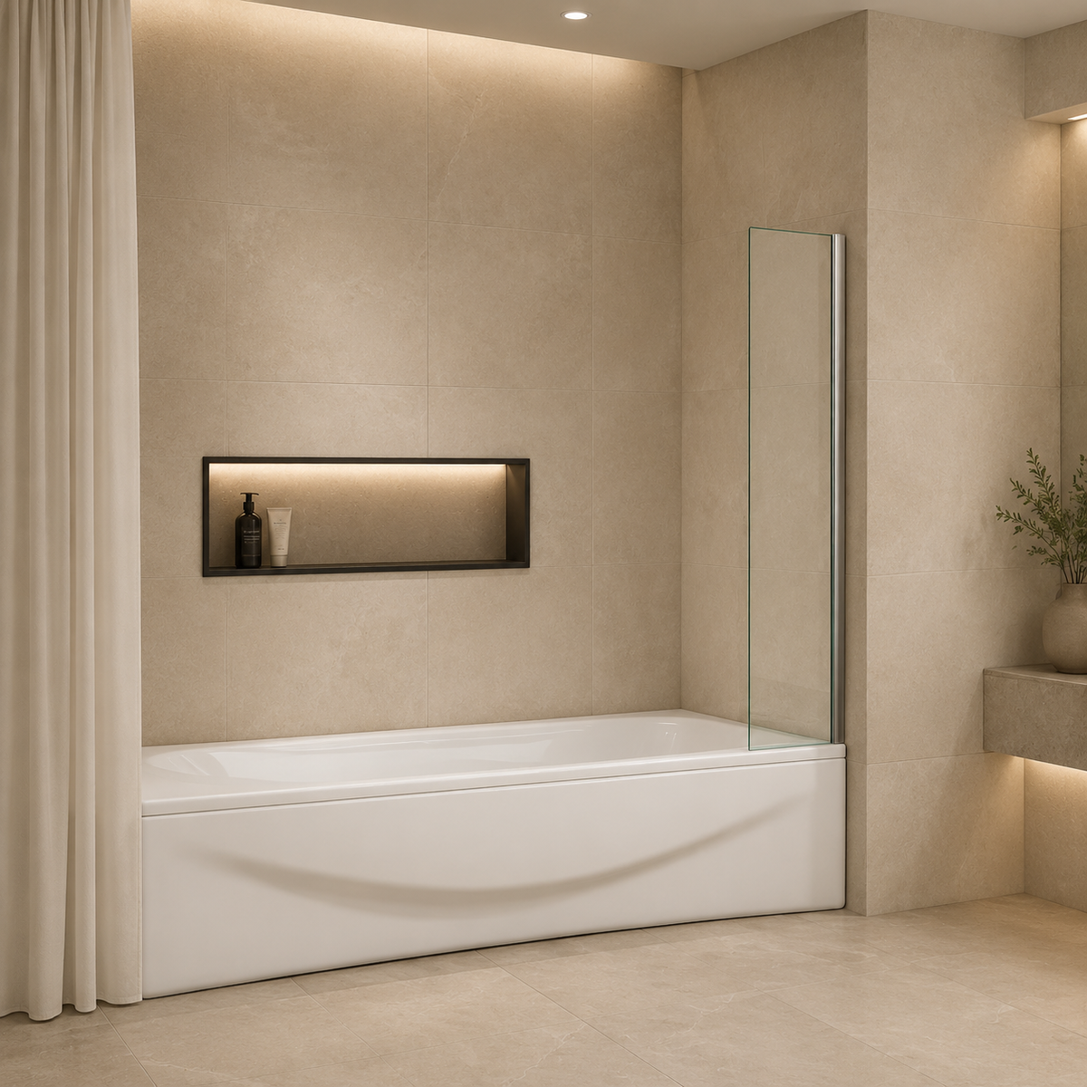 Vitrano mini fixed bath screen with 6mm clear glass in a modern bathroom