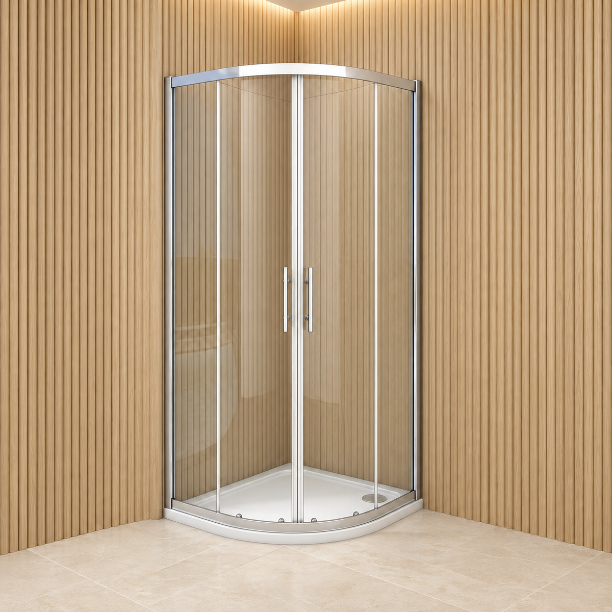 Vitrano chrome quadrant shower enclosure with twin sliding doors securely closed