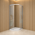Vitrano 800 x 800mm quadrant shower enclosure showing the twin sliding doors open