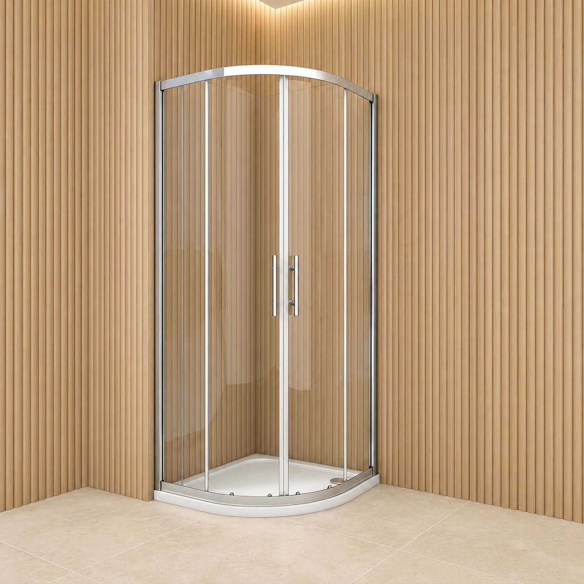 Vitrano 800 x 800mm chrome quadrant shower enclosure in a light oak panelled bathroom