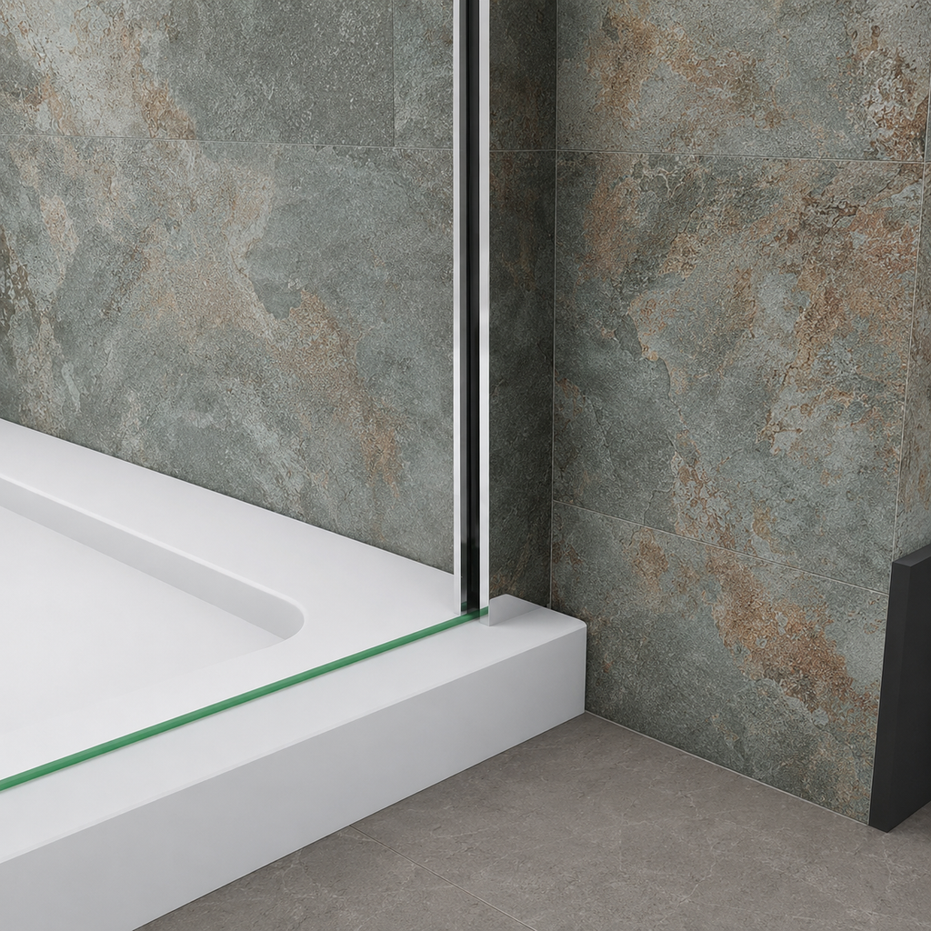Close-up of the 8mm clear glass bottom edge and chrome profile beside the shower tray