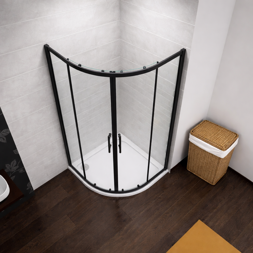 Vitrano 900mm matt black quadrant shower enclosure overhead bathroom view