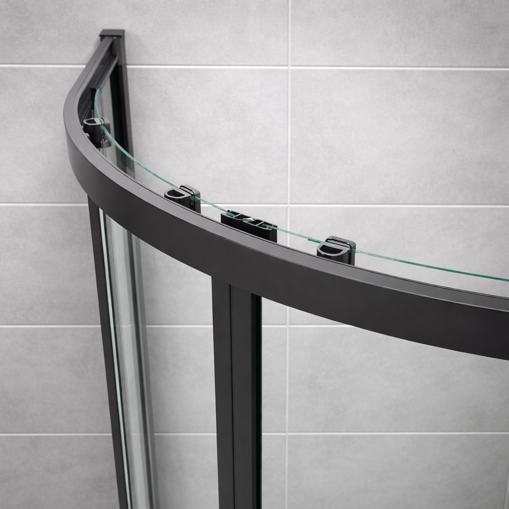 Curved glass shower enclosure with black frame against a tiled wall