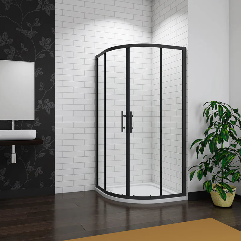 Angled View Of Black Framed Quadrant Shower Enclosure With Curved Glass Doors