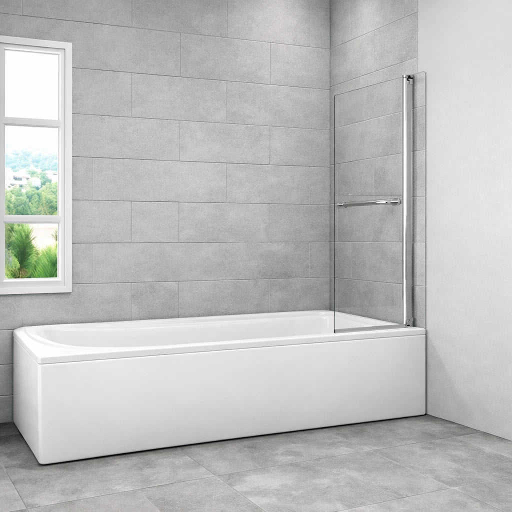 Vitrano 800x1400mm chrome bath screen with 6mm toughened glass and towel rail